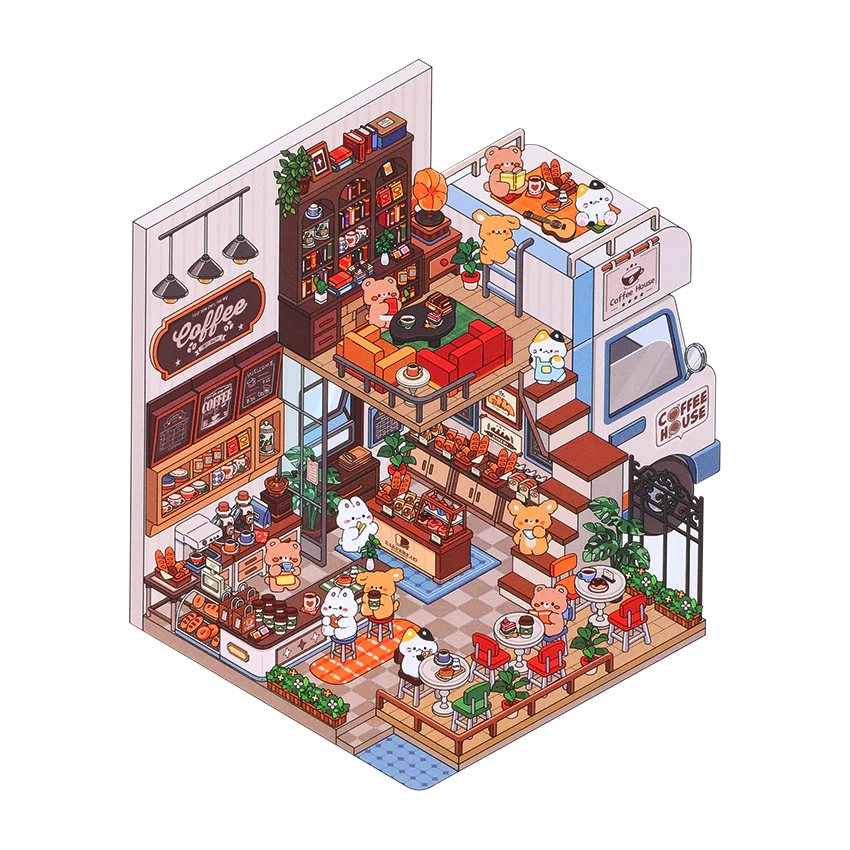 Pets In a Bus Cafe Scene Set